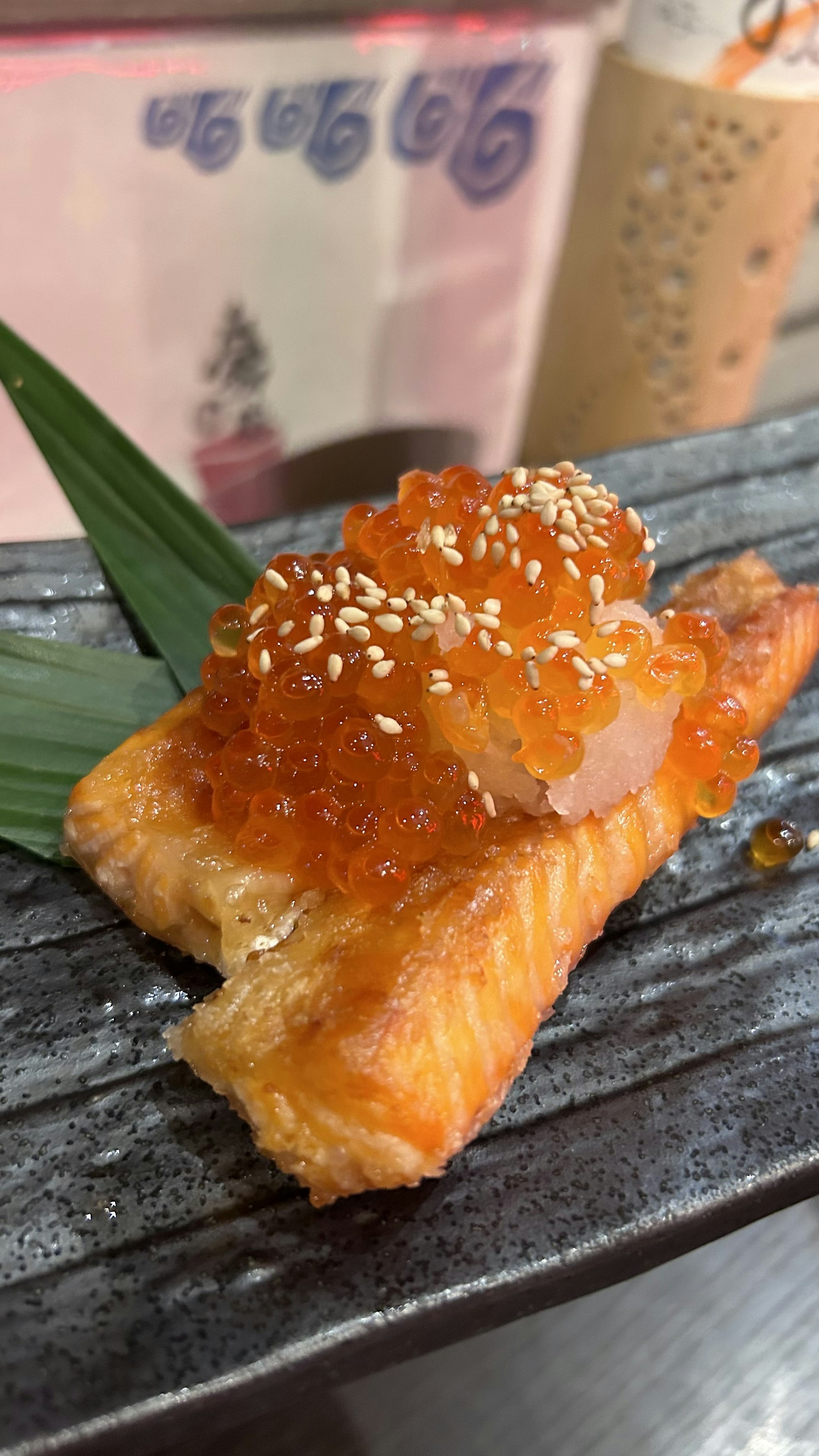 Grilled salmon belly with salmon roe