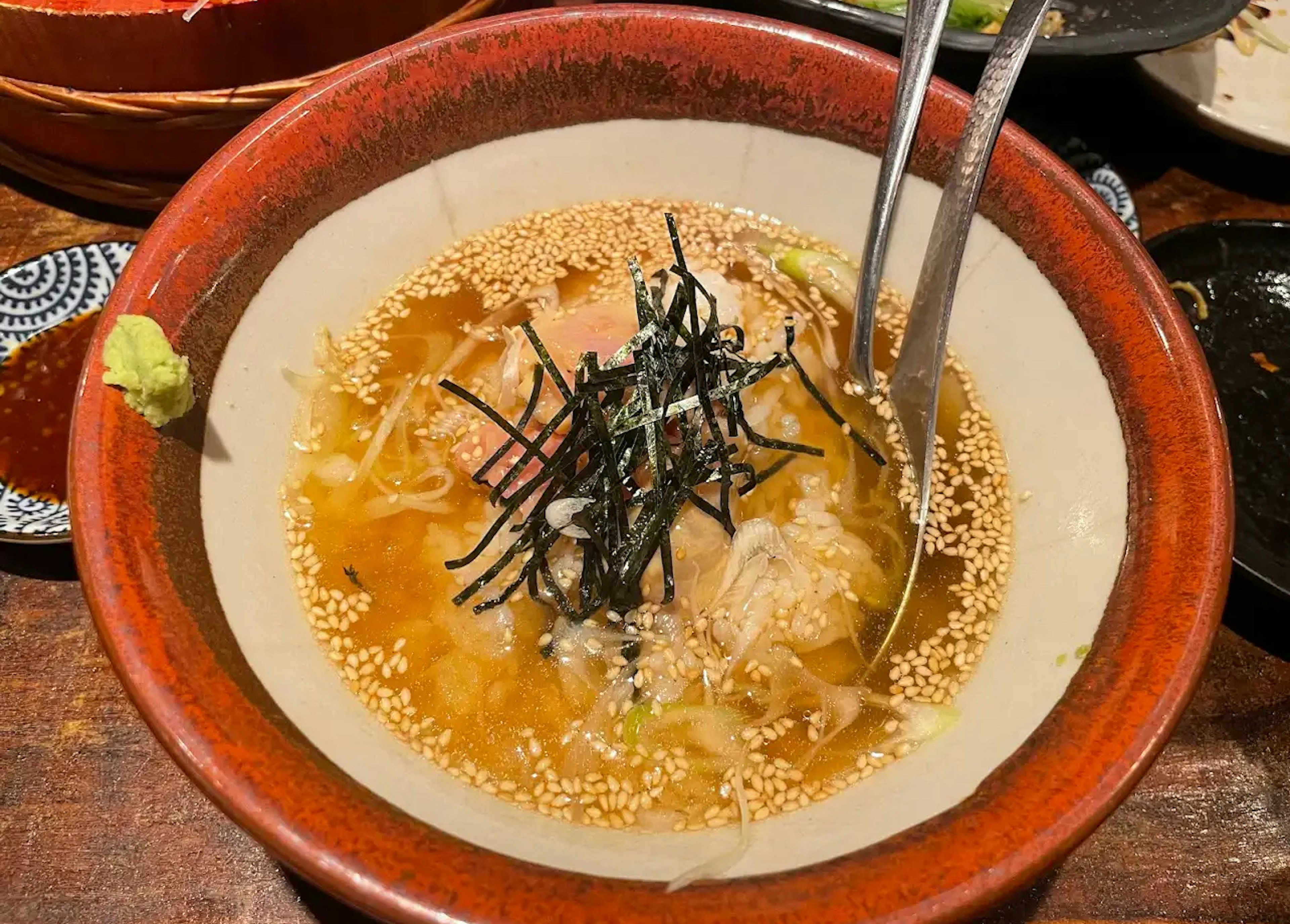 Chopped raw fish & Sesame sauce with a dashi broth